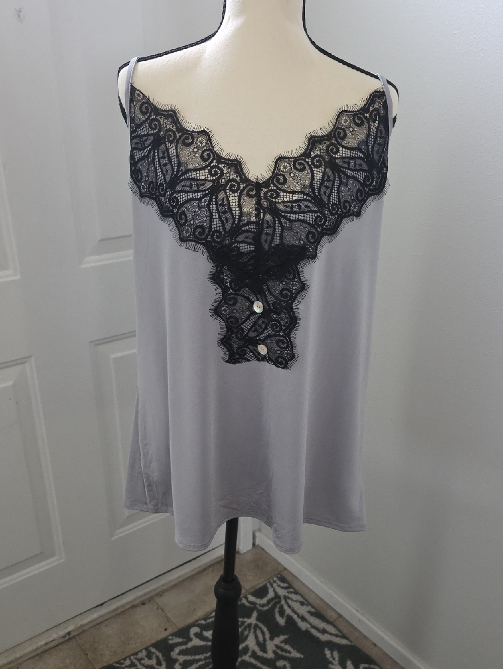 Blumin Apparel Lace-Trim Satin-Feel Cami Tank Top in Gray and Black Size LARGE